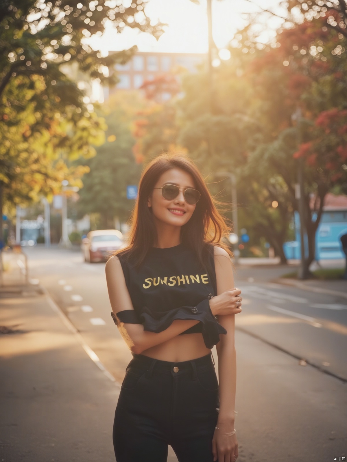 Vibrant morning light bathes the streets of Long Island, New York, as a stunning Asian beauty strikes a confident pose, sunglasses perched on her radiant face. Her strapless T-SHIRT showcases medium breasts ,while tight hot pants accentuate toned legs. The words SUNSHINE are emblazoned across her chest vest, as she beams with warm, sunny smile, inviting the viewer in with cinematic camera movement and extreme skin texture detail.