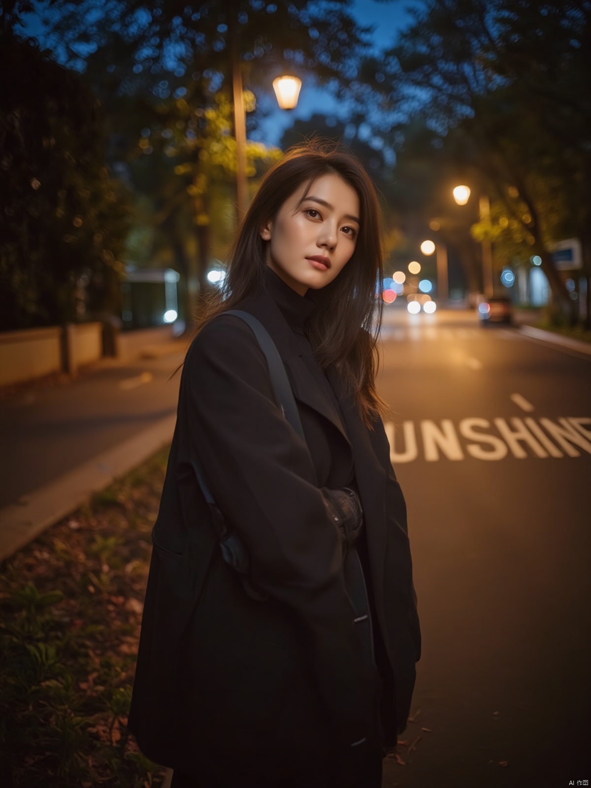 In this captivating 8K HDR image, an ethereal girl with an elf-like quality stands poised on a deserted street under the soft luminescence of dim yellow street lamps receding into the distance. She gazes at the viewer with a calm intensity, lost in contemplation amidst the hushed surroundings, where lush greenery and bold emblazoned words SUNSHINE create a striking visual counterpoint to her melancholic countenance, as if bathed in the faint light of the street lamps.
