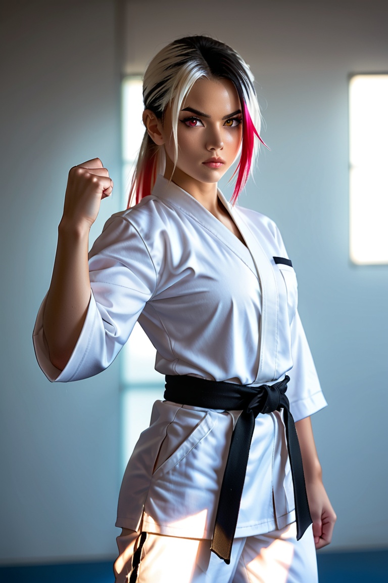 A young girl in a karate class,  wearing a white uniform and black belt,  stands confidently with her fists clenched on Te...