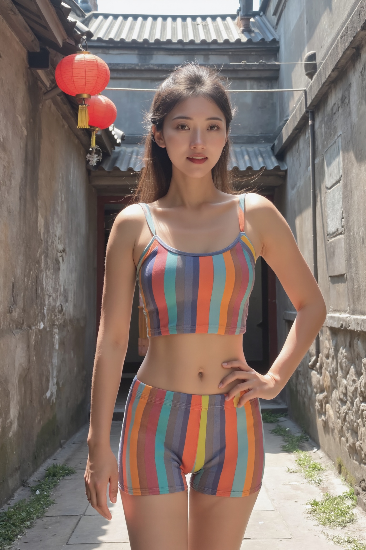 A beautiful woman in a close-up shot,  wearing vibrantly colored striped tight shorts and a fitted **** top,  standing in...