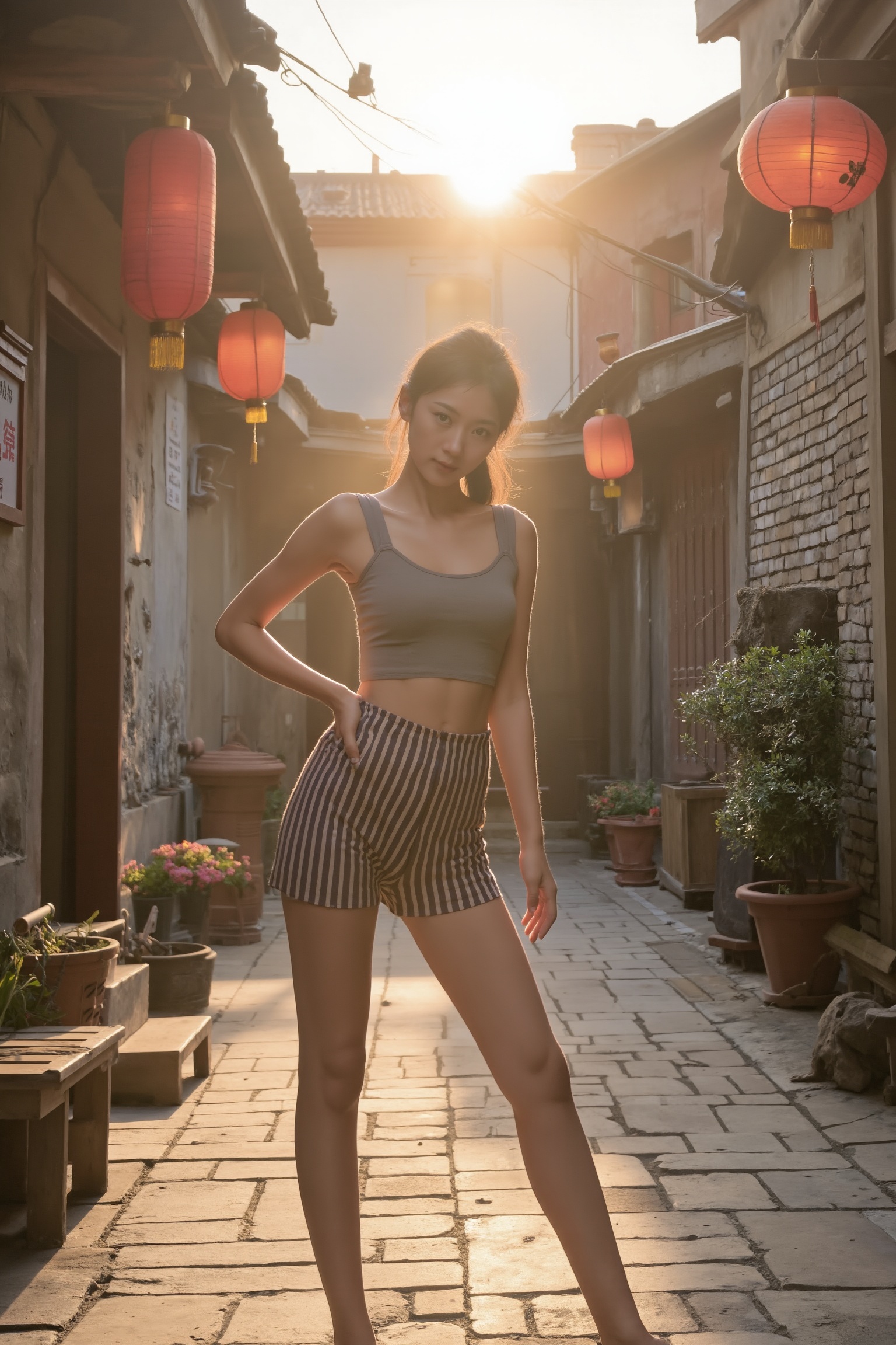 A beautiful woman wearing striped tight shorts and a fitted **** top,  standing in a narrow alley of an ancient Chinese ci...