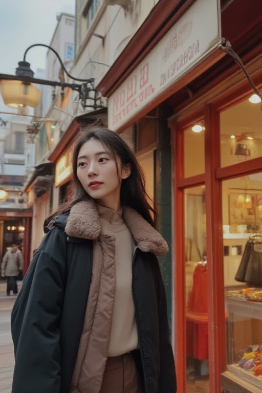 Close-up of beautiful woman,  street scene,  warm and cold contrasting colors on Tensor.Art