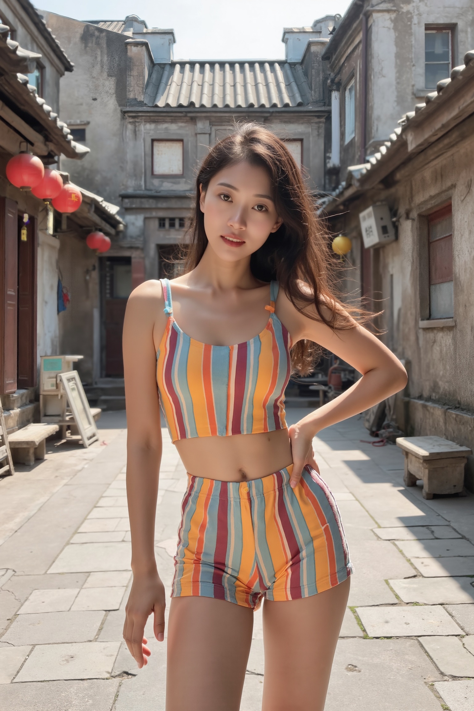 A beautiful woman in a close-up shot,  wearing vibrantly colored striped tight shorts and a fitted **** top,  standing in...