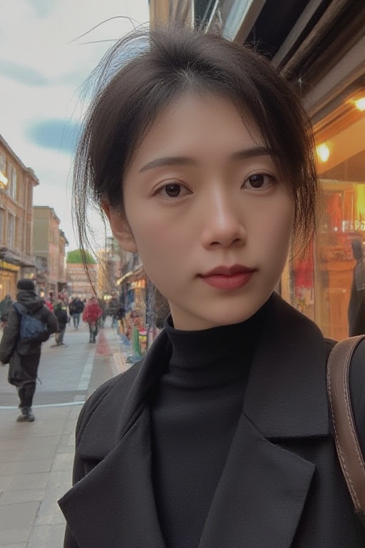 Close-up of beautiful woman,  street scene,  warm and cold contrasting colors on Tensor.Art