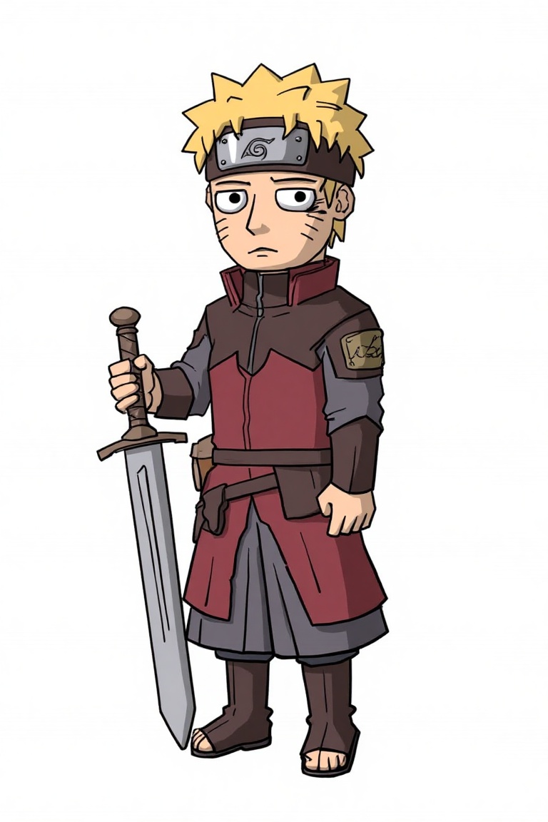 dahsr4h_style,  a cartoon drawing of naruto with knight outfit,  hold long sword. the background is white. in the style of...