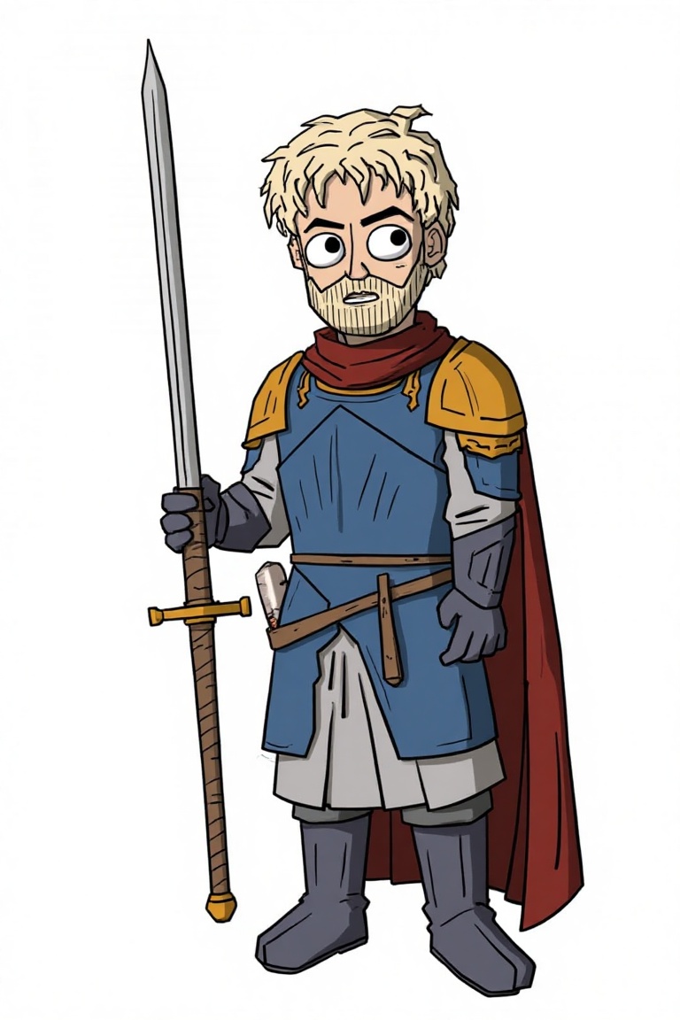 dahsr4h_style,  a cartoon drawing of son goku with knight outfit,  hold long sword. the background is white. in the style...