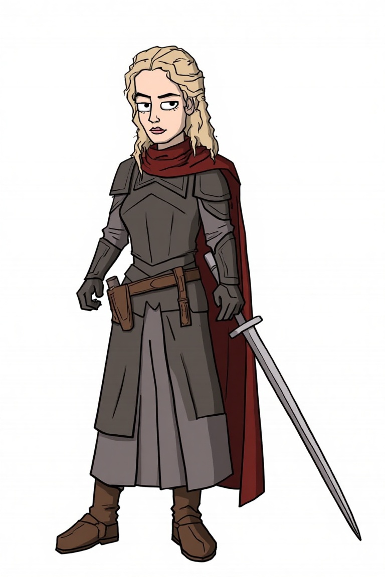 dahsr4h_style,  a cartoon drawing of angelina jolie with knight outfit,  hold long sword. the background is white. in the...