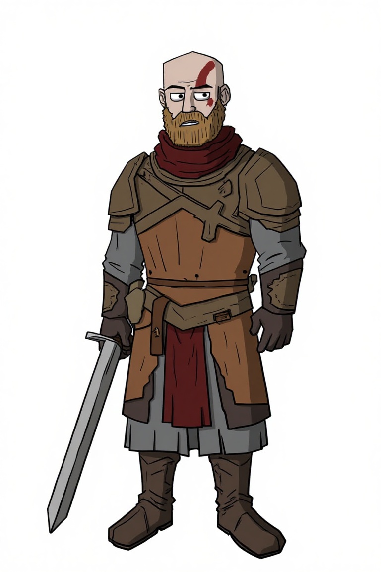 dahsr4h_style,  a cartoon drawing of kratos god of war with knight outfit,  hold long sword. the background is white. in t...