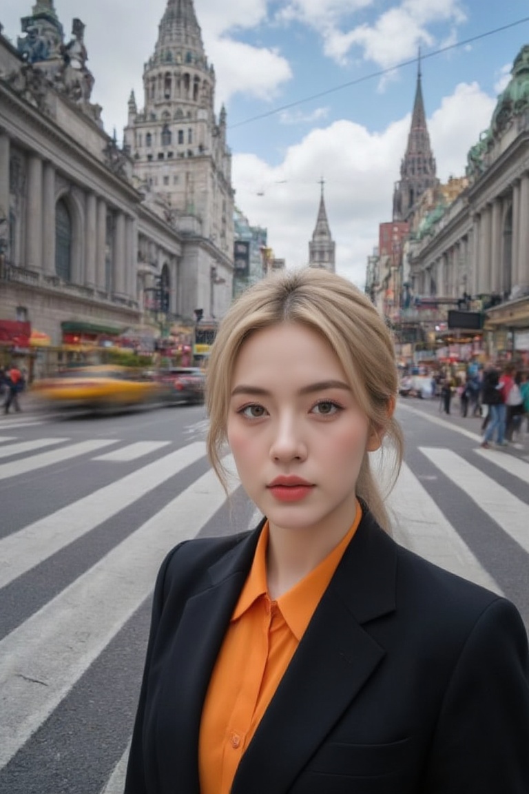 A confident blonde woman with piercing blue eyes and a chic ponytail confidently walks through the vibrant streets of Mosc...