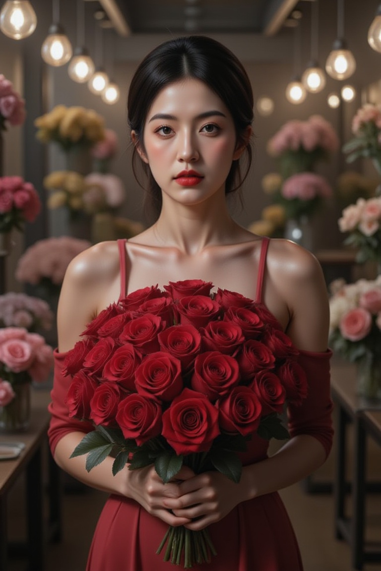 A stunning woman stands within a lush flower store,  her beauty eclipsed only by the vibrant bouquet of hundreds of tightl...