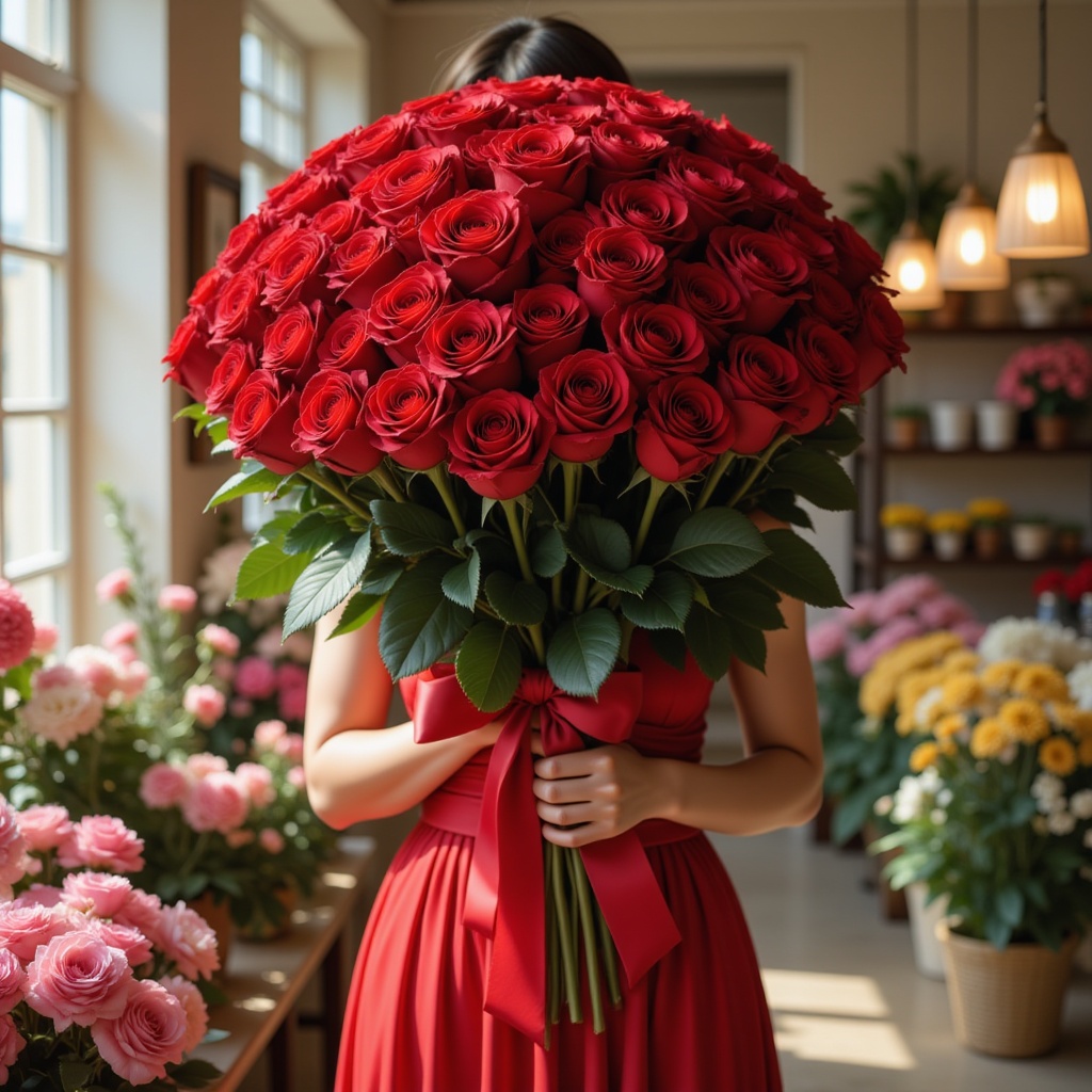 A beautiful woman in a beautiful dress,  standing in a flower store,  holding a huge bouquet of red roses on Tensor.Art
