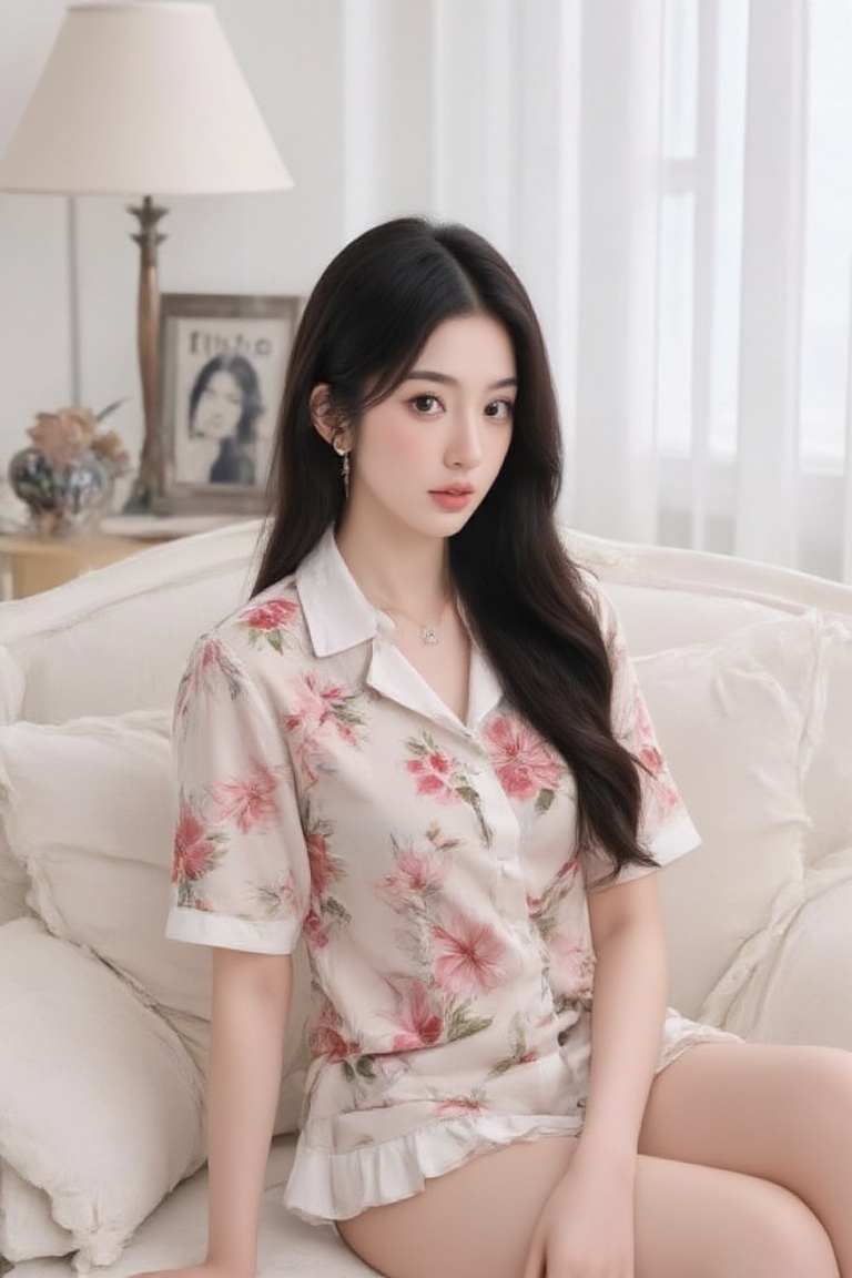 A serene woman sits elegantly on a plush white sofa,  her dark hair flowing like silk over her shoulders. She wears a flow...