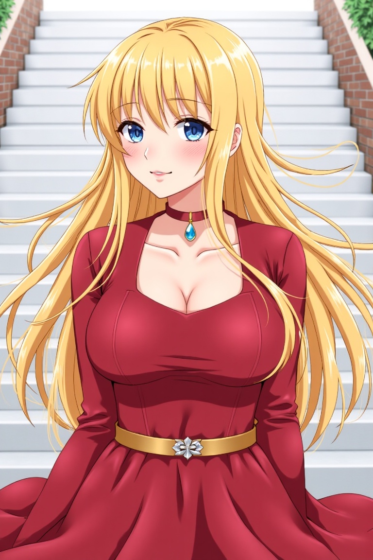 1girl, solo, long hair, breasts, looking at viewer, blue eyes, blonde hair, long sleeves, dress, cleavage, jewelry, medium breasts, standing, collarbone, necklace, lips, sash, makeup, floating hair, watermark, red dress, wind, stairs, realistic