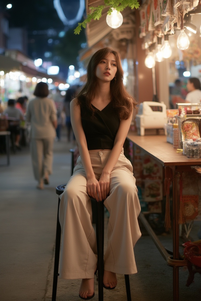 A stylish Malaysian woman sit_on a trendy bar stool,  dressed in a minimalist black wrap top and neutral-colored wide-leg...
