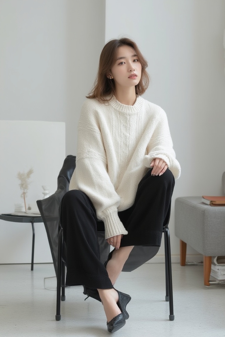 A Korean woman sit_on top of a sleek black chair,  dressed in a minimalist white oversized sweater and tailored black trou...