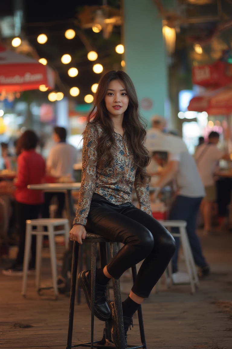 A stylish Malaysian woman sit_on a trendy bar stool,  dressed in a chic batik blouse and black leggings. The background fe...