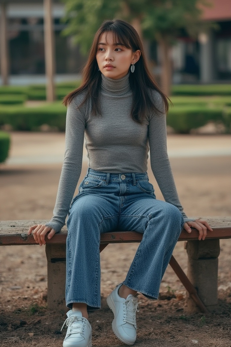 A graceful Thai woman sit_on a rustic wooden bench,  adorned in a stylish gray turtleneck and straight-leg jeans. The back...