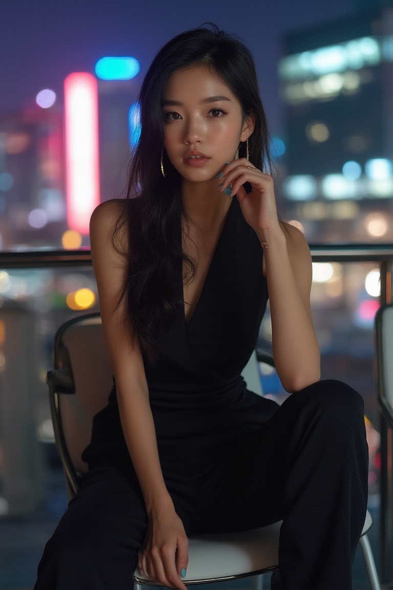 A fashionable Chinese woman sit_on a sleek modern chair,  wearing a contemporary black jumpsuit with minimalistic design....