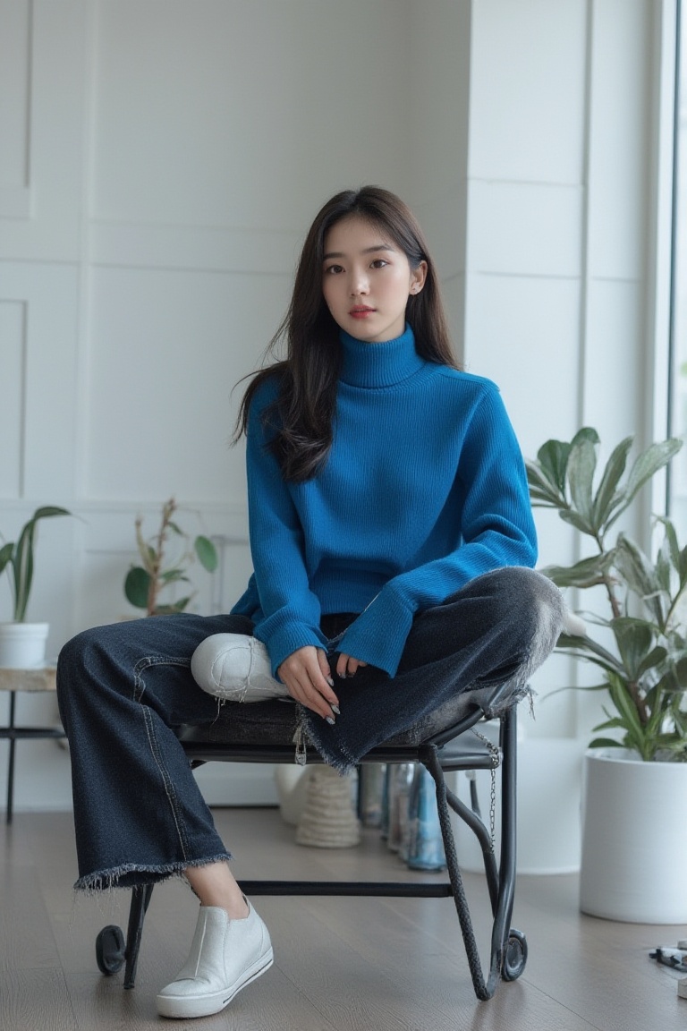 A Korean woman sits_on top of a sleek black chair,  dressed in a stylish blue turtleneck and dark jeans. The background fe...