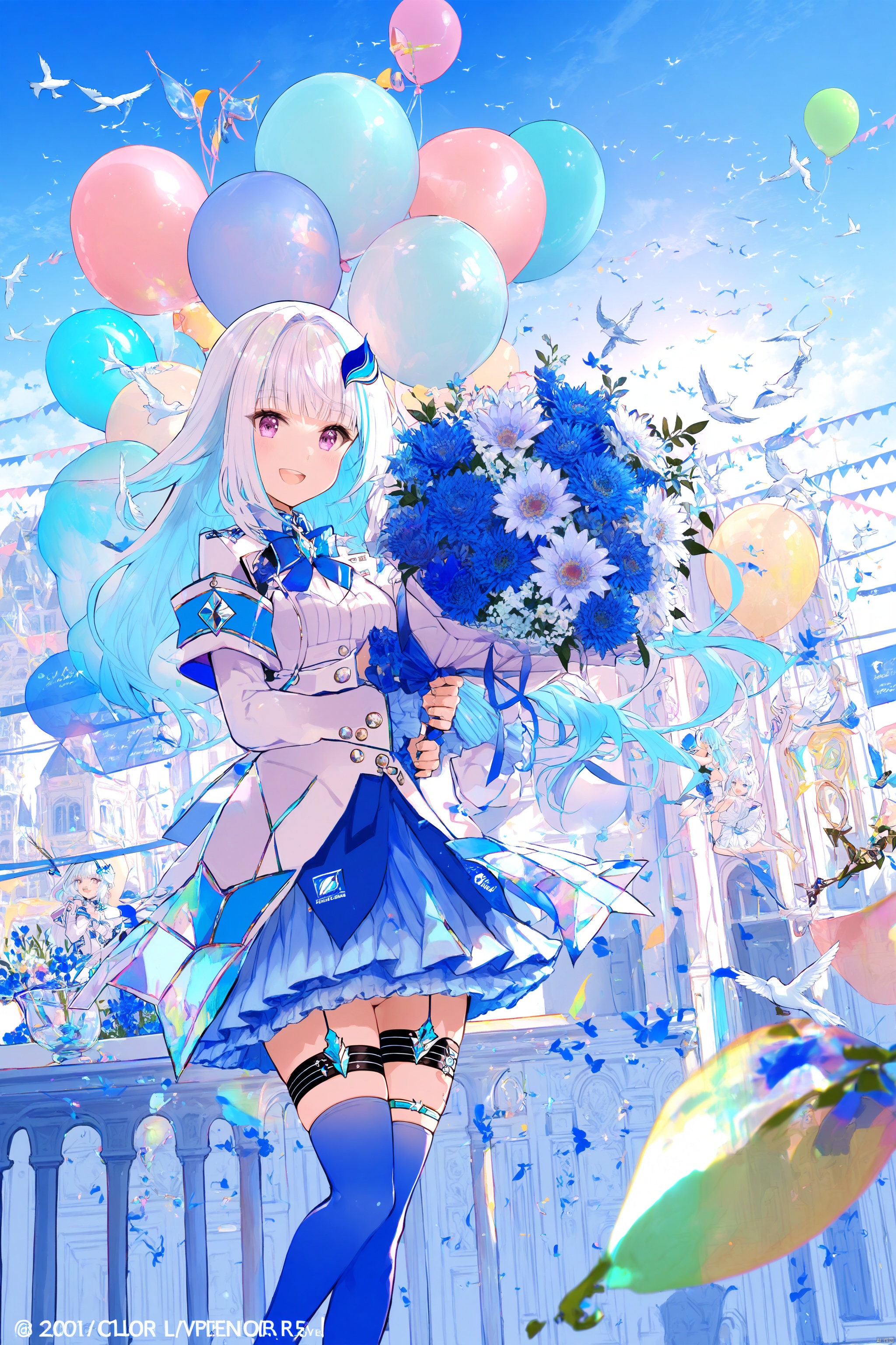 1girl, solo, long hair, looking at viewer, smile, open mouth, bangs, skirt, hair ornament, thighhighs, long sleeves, holding, blue hair, purple eyes, flower, white hair, multicolored hair, virtual youtuber, blunt bangs, two-tone hair, thigh strap, bird, white jacket, armband, blue flower, bouquet, blue thighhighs, balloon, holding bouquet, lize helesta