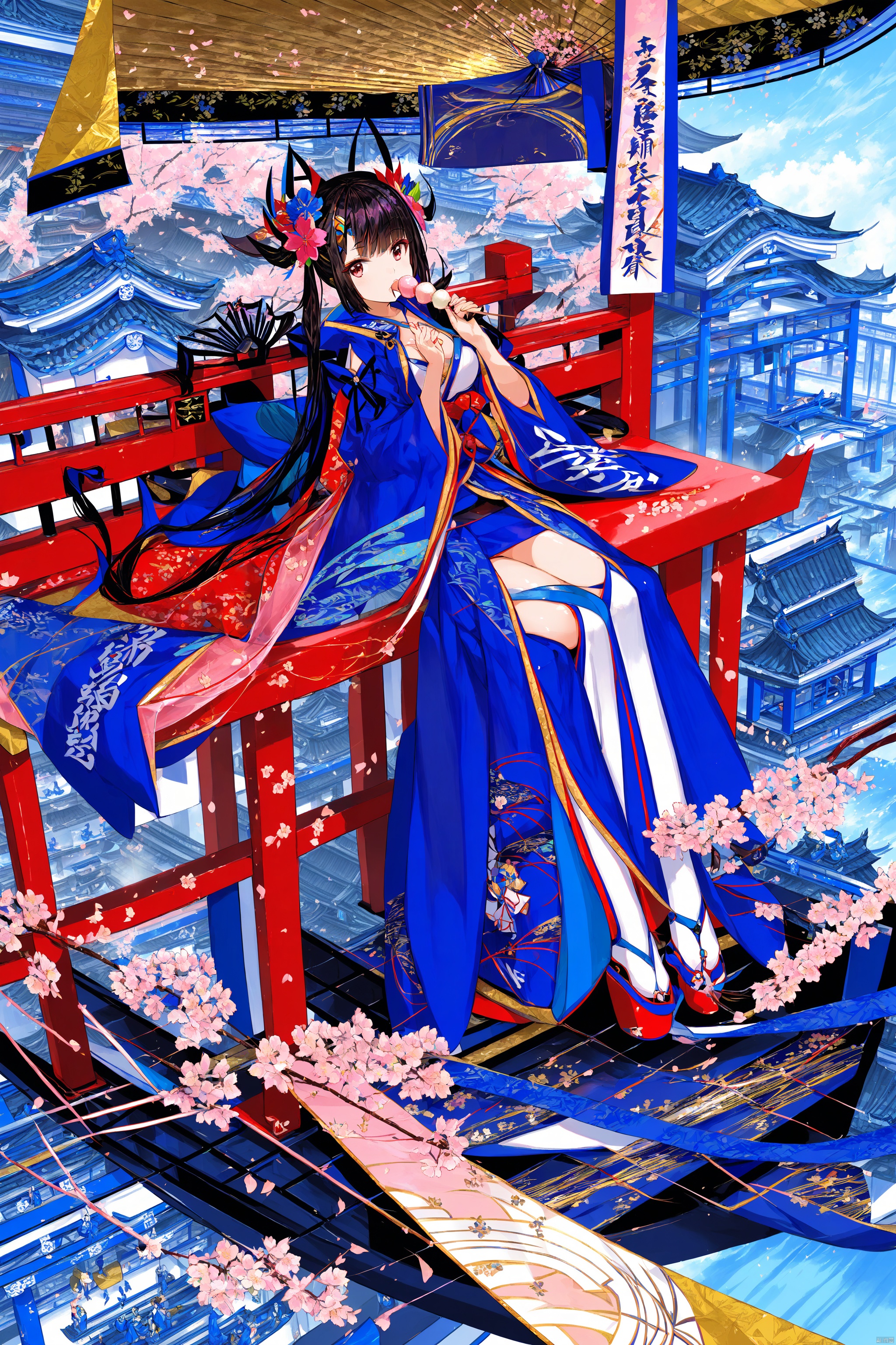 1girl, solo, long hair, breasts, looking at viewer, black hair, hair ornament, red eyes, thighhighs, cleavage, sitting, flower, food, japanese clothes, hair flower, kimono, eating, cherry blossoms, scenery, wagashi, architecture, east asian architecture, dango