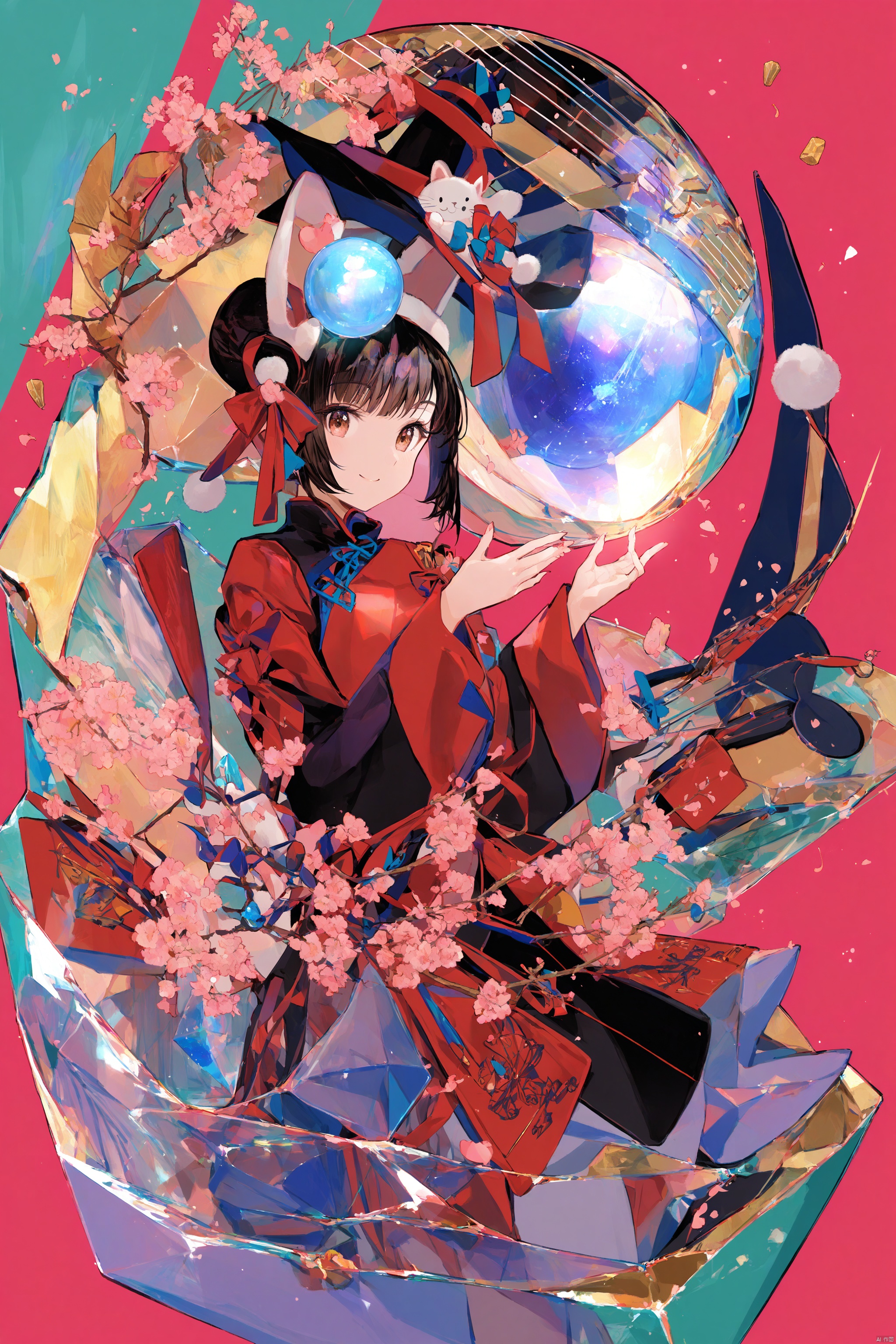  sdmai,Flat illustration,
(masterpiece, best quality:1.3),fcol style,1girl,smile,solo, rabbit ear hat, musical instrument, music,upper body, simple background, Crystal ball, chinese style, shushu