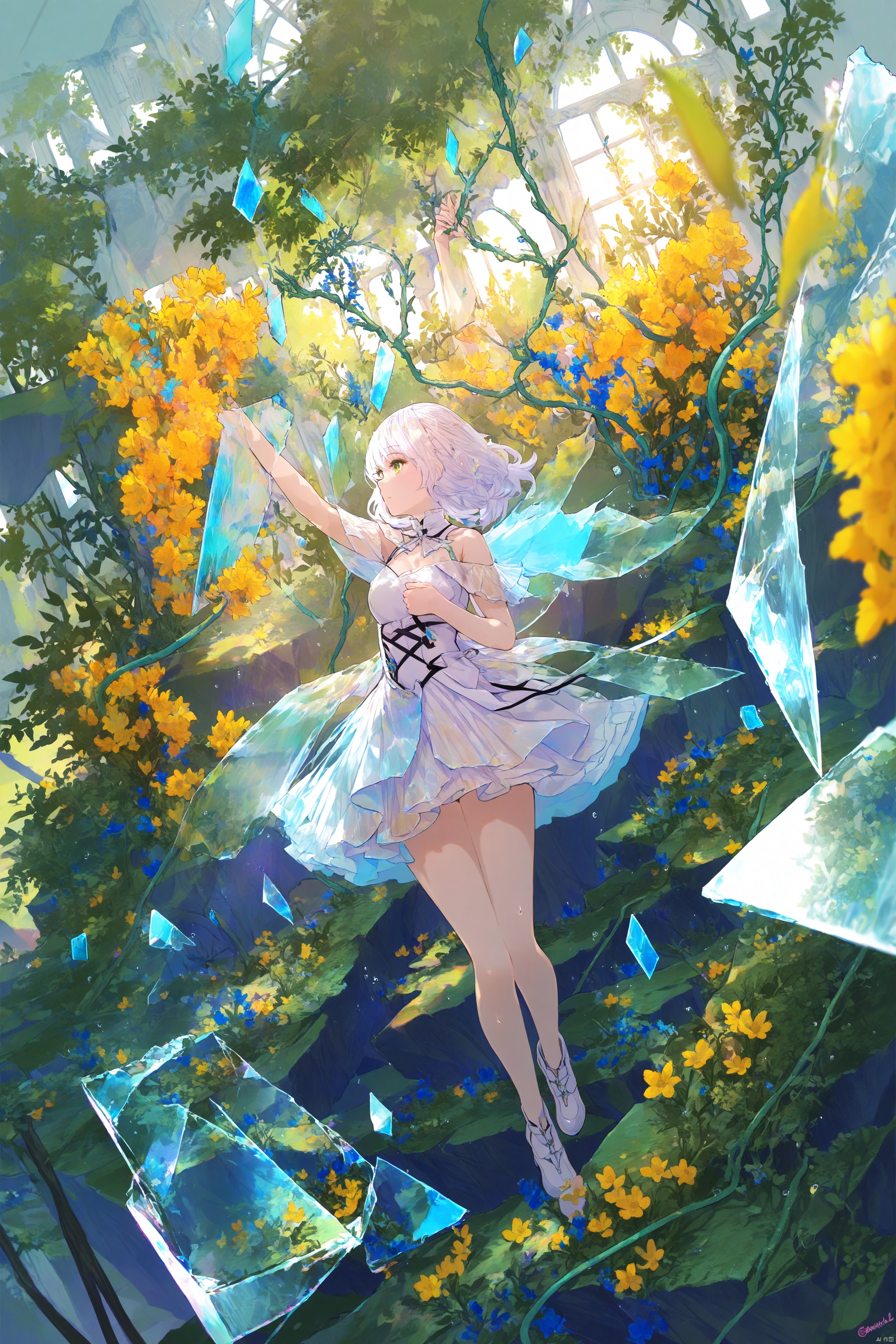 (masterpiece),(best quality),illustration,ultra detailed,hdr,Depth of field,(colorful),loli,yellow theme,the setting sun,Chamomile,Chamomile,cornflower,vines,forest,ruins,lens flare,hdr,Tyndall effect,damp,wet,1girl,bare shoulders,broken glass,broken wall,white hair,white dress,closed mouth,constel lation,flat color,braid,white robe,float,closed mouth,constel lation,flat color,looking up,standing,medium hair,standing,solo,