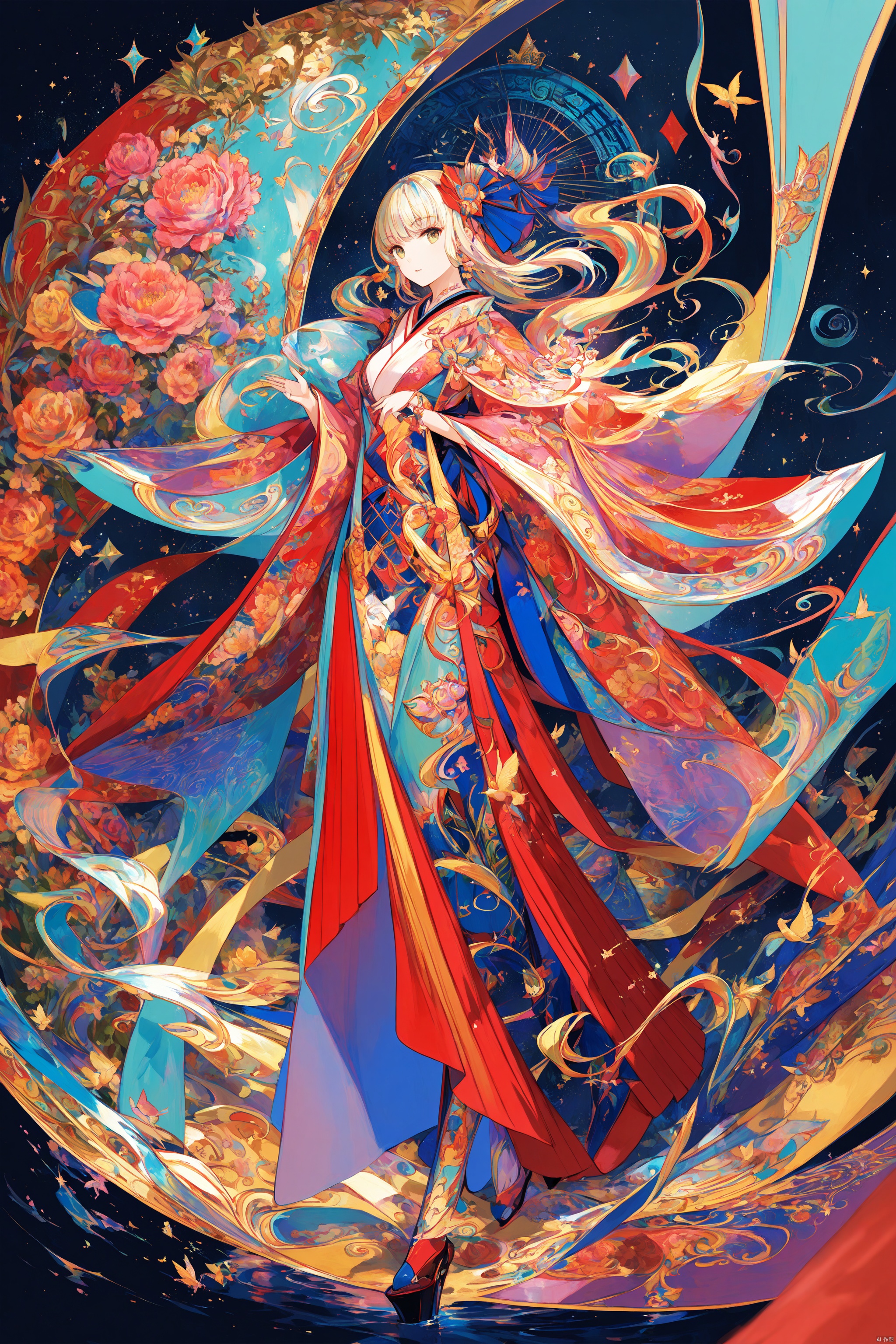 Digital art,illustration,Intricate, ethereal, and vibrant, this digital artwork captures a dynamic scene filled with movement and energy. The color palette is rich and varied, with deep reds, oranges, and contrasting whites and blues that create a sense of depth and dimension. The subject, a figure adorned in traditional attire with bold floral patterns and intricate details, is depicted in mid-motion, surrounded by swirling tendrils that suggest a mystical or supernatural power. The background is a tapestry of shapes and forms that blend seamlessly into one another, contributing to the overall feeling of otherworldliness. The lighting is dramatic, with highlights that bring the figure and the surrounding elements to life, casting shadows that add to the sense of mystery and intrigue. The style of the artwork is reminiscent of Japanese anime or manga, with its clean lines, detailed shading, and expressive characters. Overall, the artwork exudes a sense of fantasy, mystery, and the supernatural, inviting the viewer into a world of wonder and imagination.