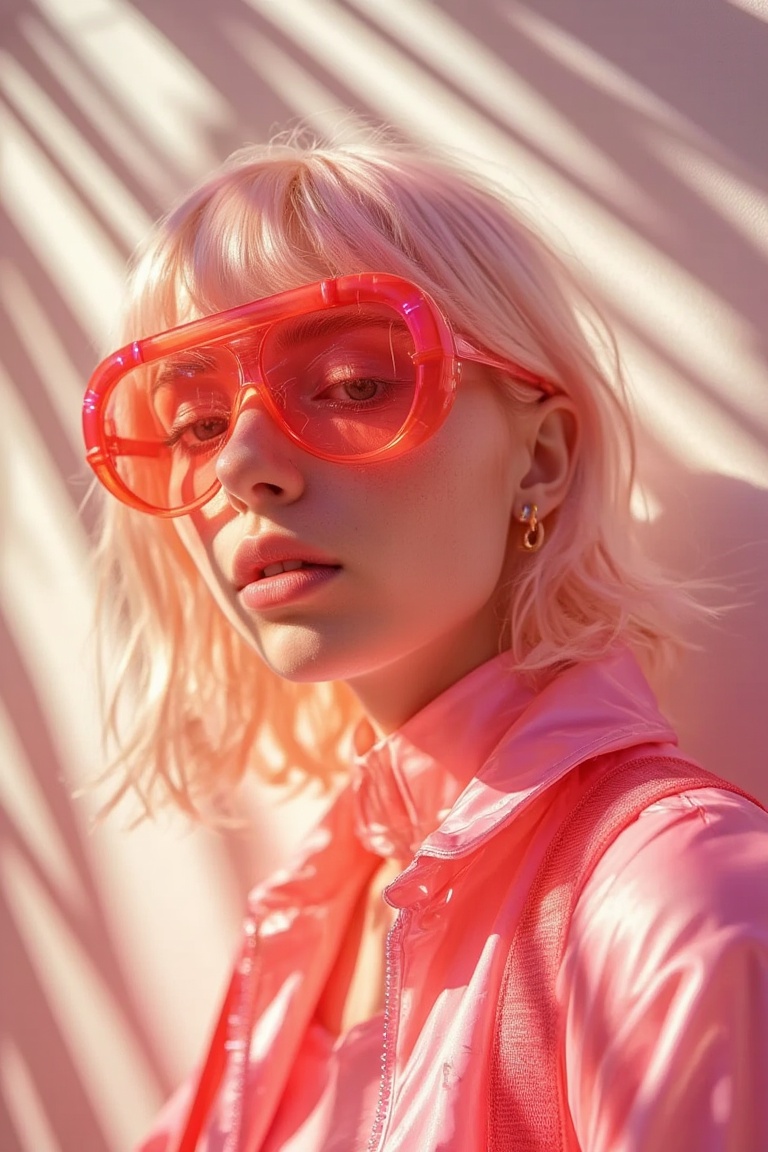 Fashion portrait photography,  close-up of a white-haired model wearing futuristic red glasses and a pink outfit with neon...