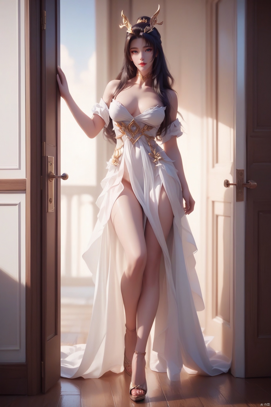 score_9, score_8_up, score_7_up,highly detailed digital,1girl, solo, long hair, breasts, full body,looking at viewer,in the door