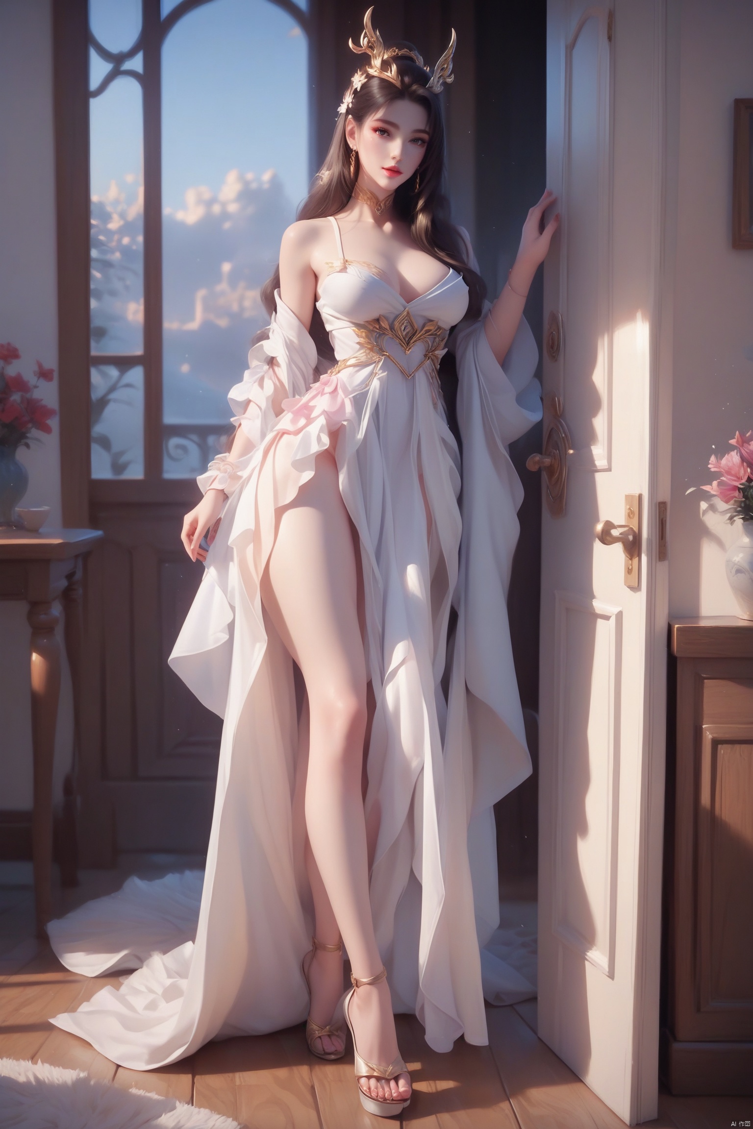 score_9, score_8_up, score_7_up,highly detailed digital,1girl, solo, long hair, breasts, full body,looking at viewer,in the door