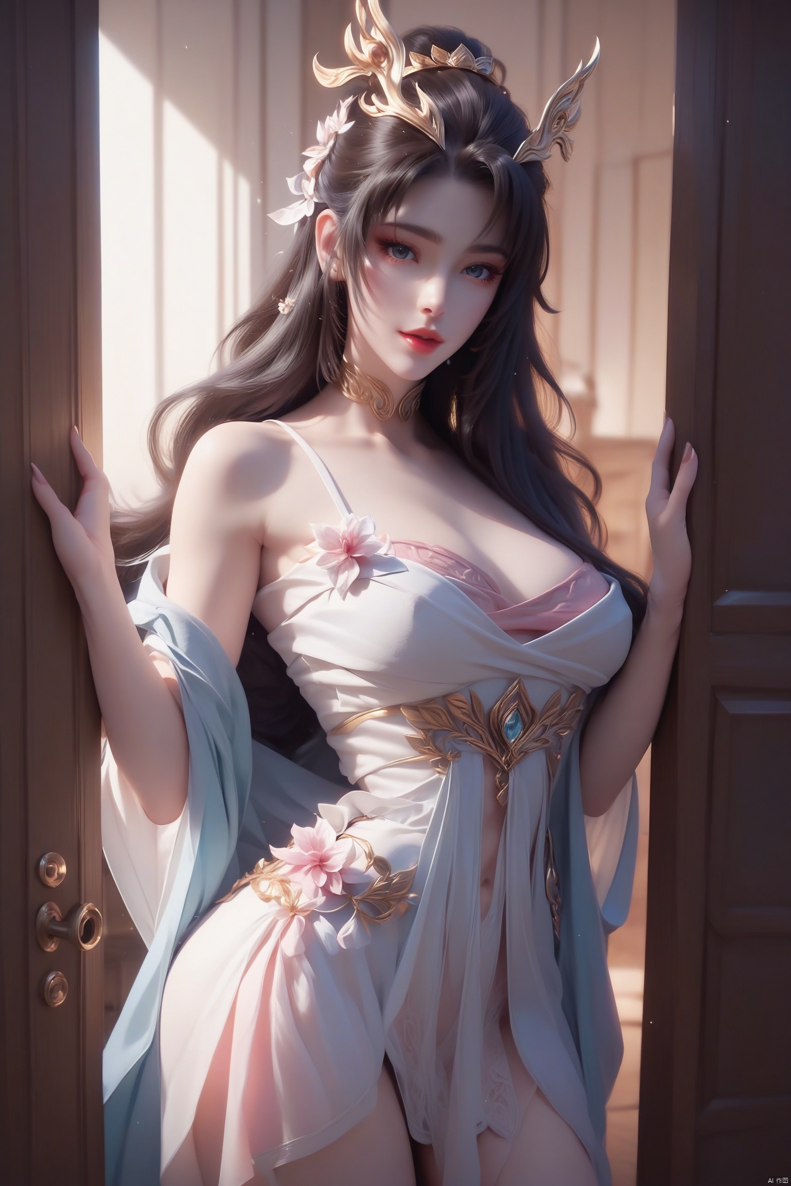 score_9, score_8_up, score_7_up,highly detailed digital,1girl, solo, long hair, breasts, looking at viewer,in the door