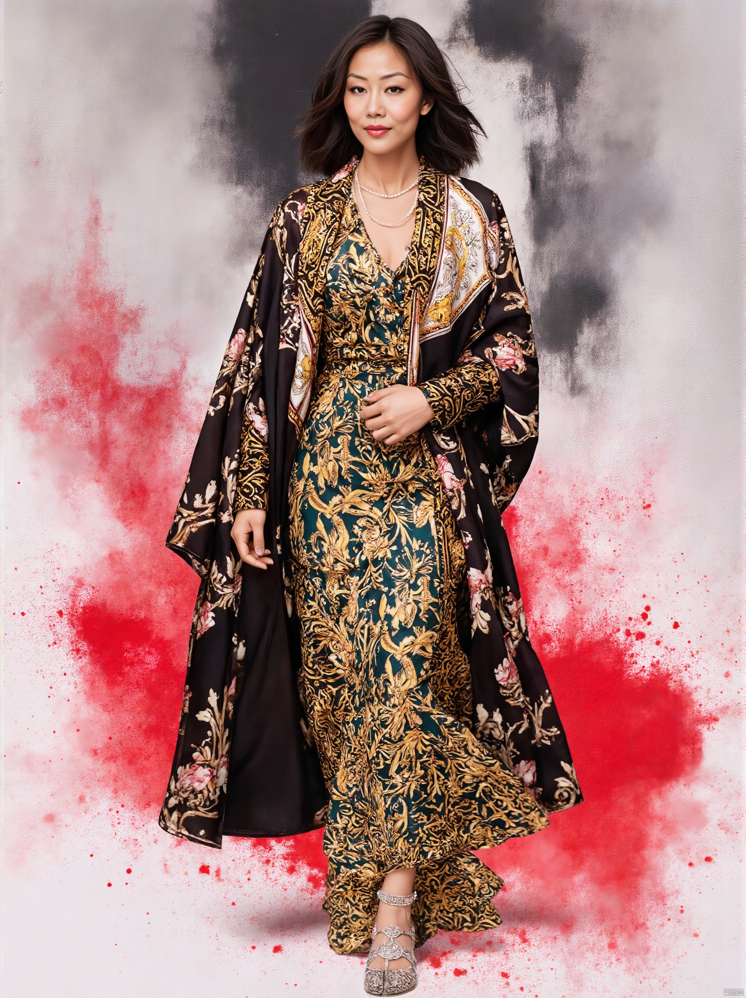 masterpiece,best quality,4k,highly detailed, award winning artwork,splash ink style,splash ink,ink splattered,ink splatter effects,ink wash painting background,brunette woman in gold dress, in the style of eye-catching resin jewelry, dark silver and dark red, calm and serene beauty, light emerald and light black, dreamy and romantic, light red and dark black, classic elegance,Above the image, there is an artistic font that reads' SUNSHINE '
