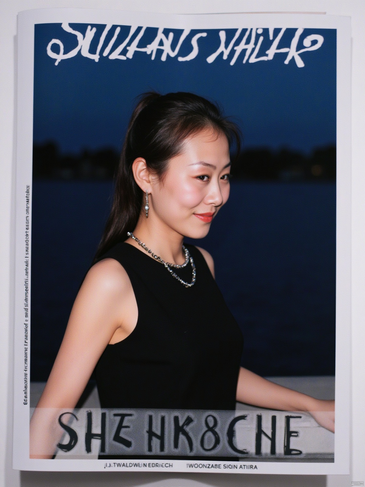 35mm film,BJ_Rainbow_light,Captured on a magazine cover, a woman stands in front of a body of water. She is wearing a black sleeveless dress, adorned with a necklace and earrings. Her hair is pulled back in a ponytail, and she's looking to the right. The backdrop is a dark blue, with the word "SUNSHINE" in bold white letters at the top of the frame. The word "SHE" is written in a smaller white letters, and "WALKS IN BEAUTY" is also written in white letters. The woman's expression is neutral, with a slight smile on her face.