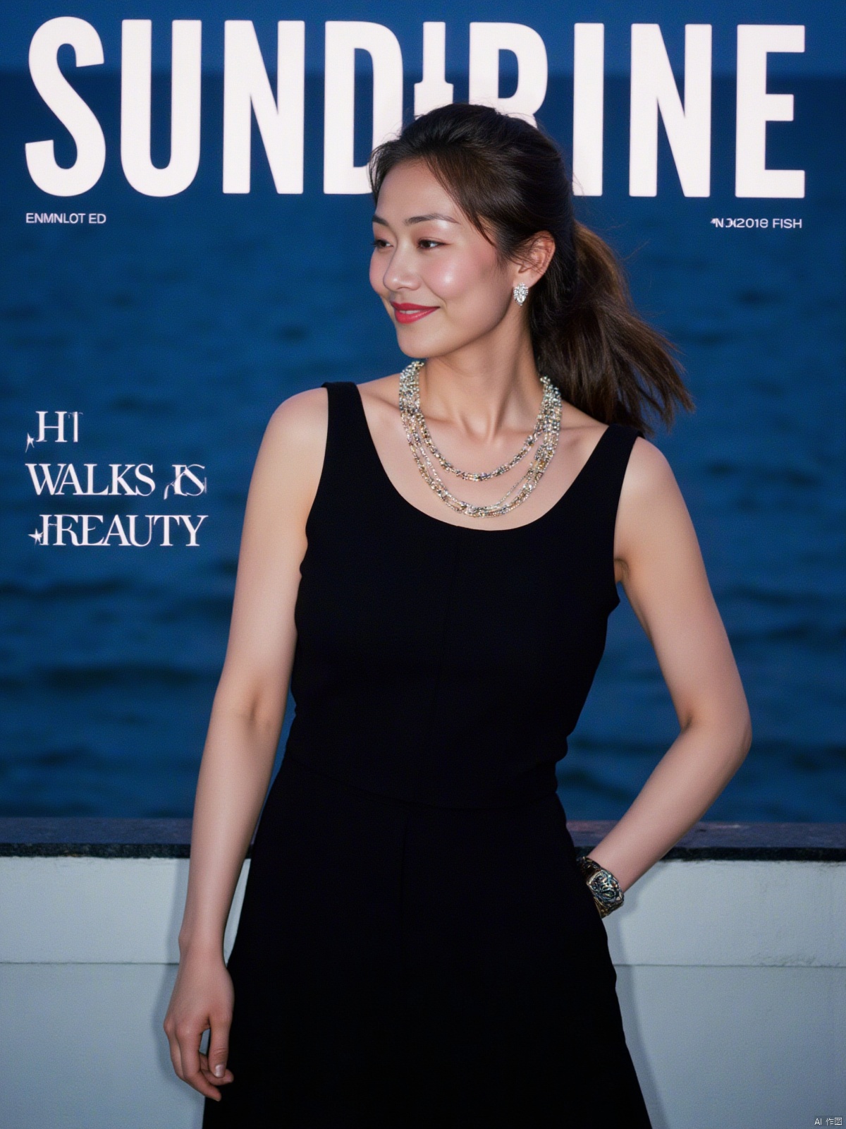 35mm film,BJ_Rainbow_light,Captured on a magazine cover, a woman stands in front of a body of water. She is wearing a black sleeveless dress, adorned with a necklace and earrings. Her hair is pulled back in a ponytail, and she's looking to the right. The backdrop is a dark blue, with the word "SUNSHINE" in bold white letters at the top of the frame. The word "SHE" is written in a smaller white letters, and "WALKS IN BEAUTY" is also written in white letters. The woman's expression is neutral, with a slight smile on her face.