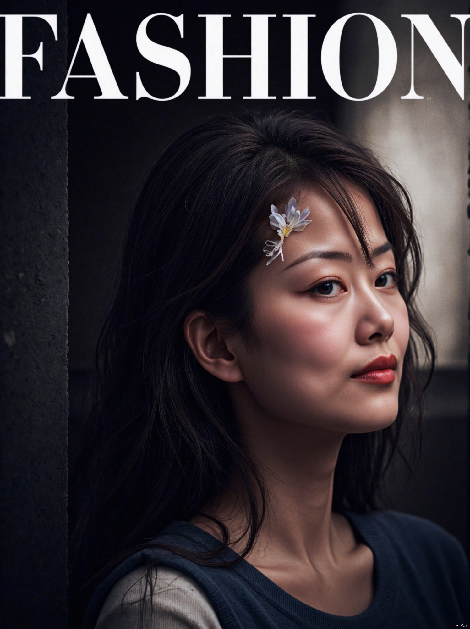 The lower half of the FASHION magazine cover showcases a captivating image: SUNSHINE is prominently printed at the top, while this mysterious young woman with extraordinary and otherworldly qualities occupies the screen. Taken through a 35mm f/2.0 wide-angle lens, her sweet black hair hangs down on her face, and the soft glow reminds people of the gentle caress of nearby flowers. A delicate white flower adorned her forehead, with petals unfolding like tiny wings. Her bold red lips seemed to conceal the hidden truth. Against the subtle texture of the bark, she stands in the profile, an abstract composition that exudes mystery and quiet introspection, with a rotating paper carving pattern as the background.