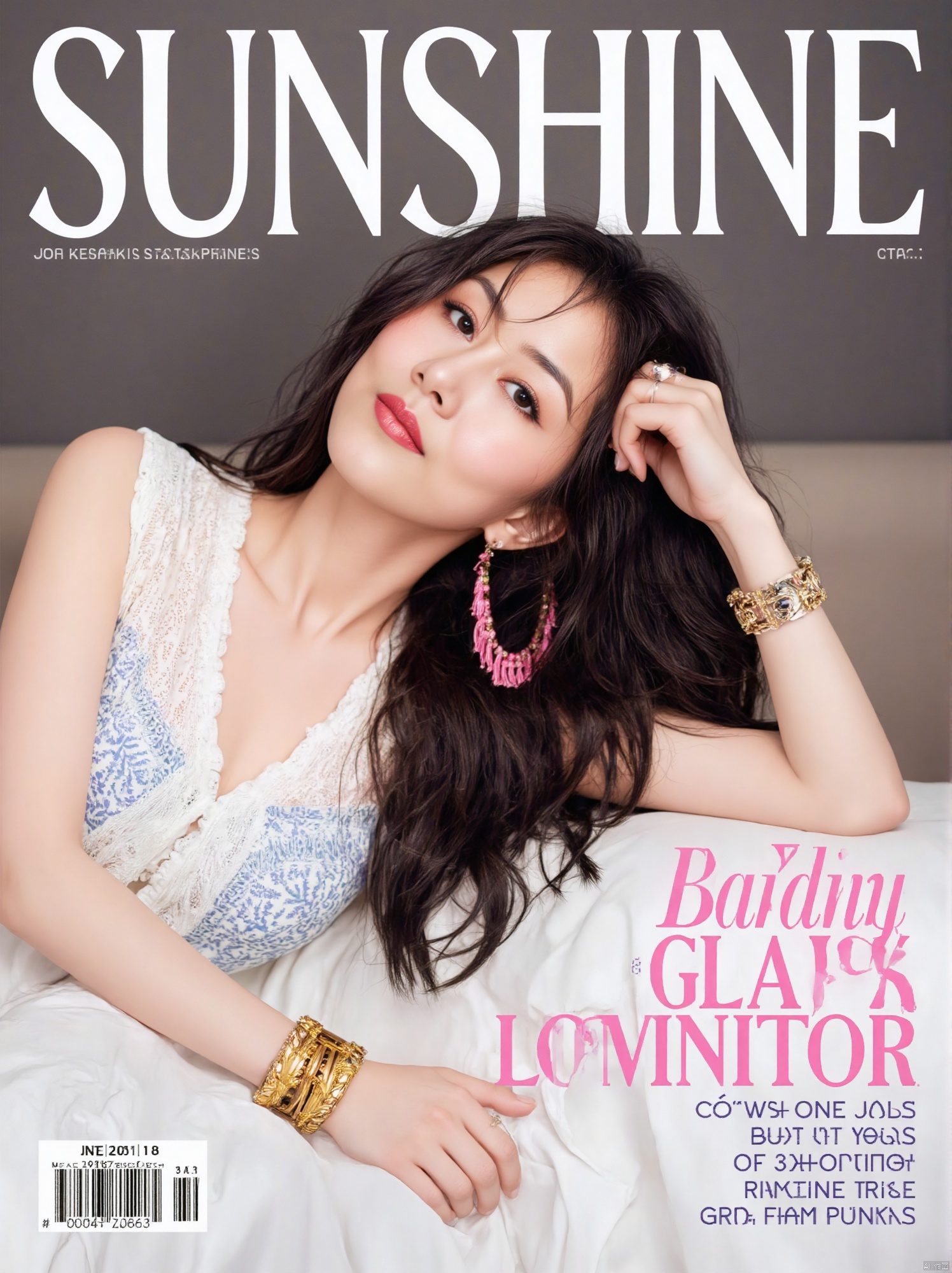 A magazine cover with a woman laying on a bed. The woman is wearing a white dress and a gold bracelet. Her hair is long and black. Her earrings are pink and yellow. The bed she is laying on is white. The text on the cover is written SUNSHINE. The image attracts the audience with cinematic camera movements and extreme skin texture details.
