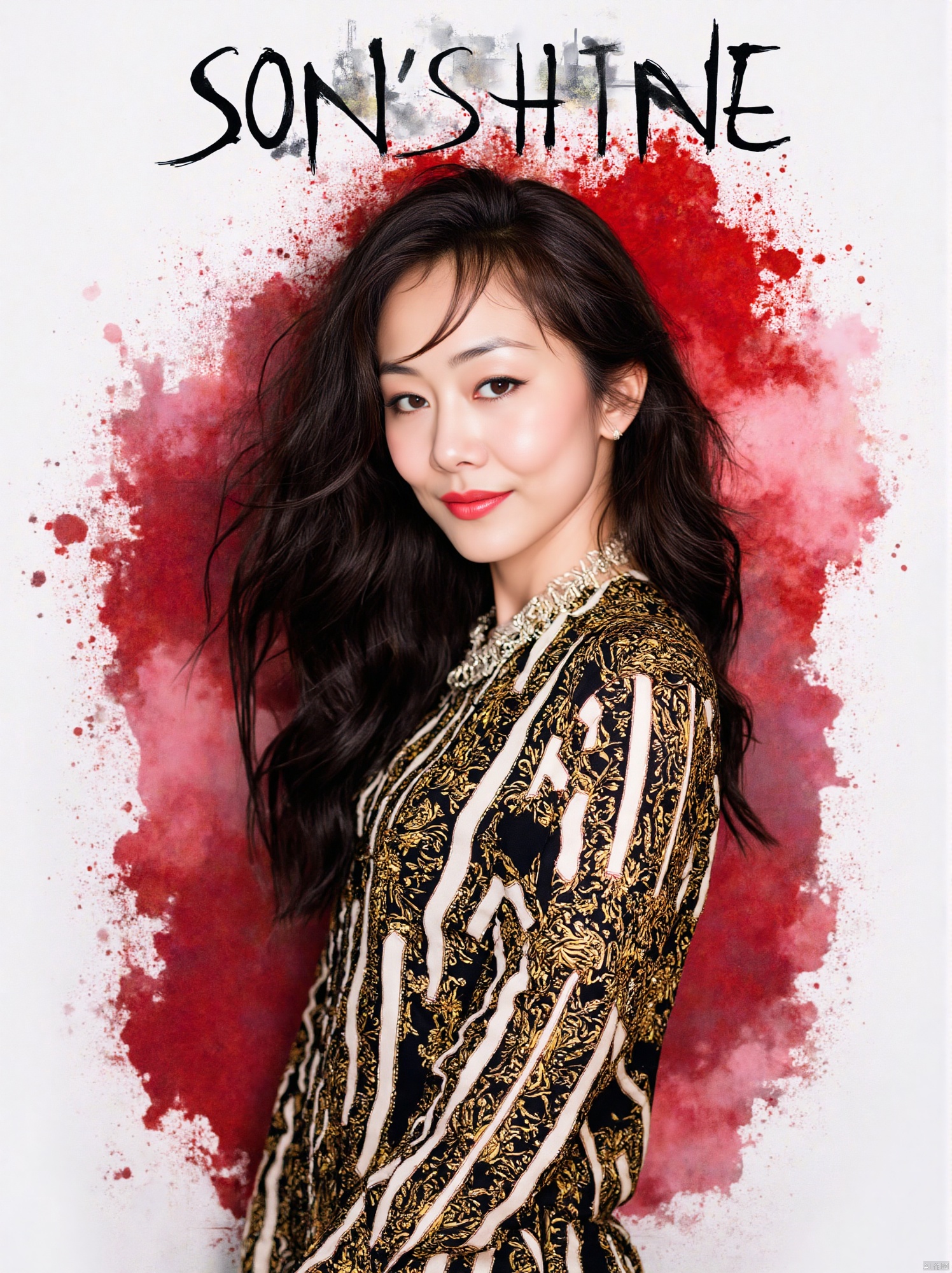 masterpiece,best quality,4k,highly detailed, award winning artwork,splash ink style,splash ink,ink splattered,ink splatter effects,ink wash painting background,brunette woman in gold dress, in the style of eye-catching resin jewelry, dark silver and dark red, calm and serene beauty, light emerald and light black, dreamy and romantic, light red and dark black, classic elegance,Above the image, there is an artistic font that reads' SUNSHINE '
