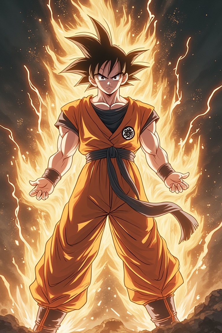 A manga-style anime scene featuring Goku from Dragon Ball in a dynamic action pose,  harnessing the power of qi. Goku is s...