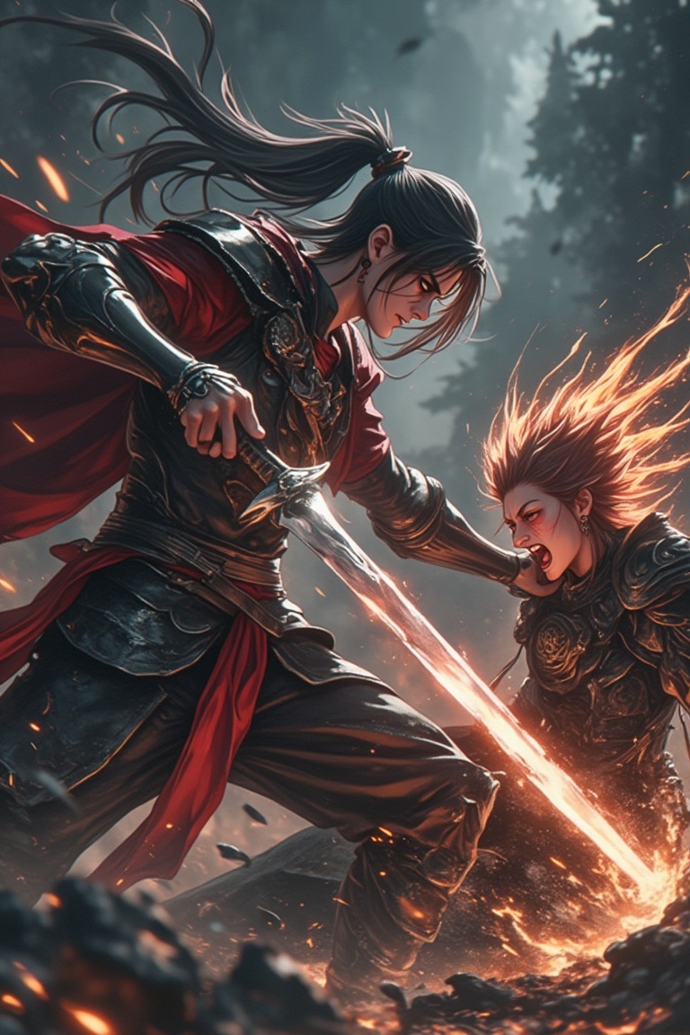 A manga-style anime scene featuring a warrior in action,  skillfully defeating a villain in a dynamic and intense battle....