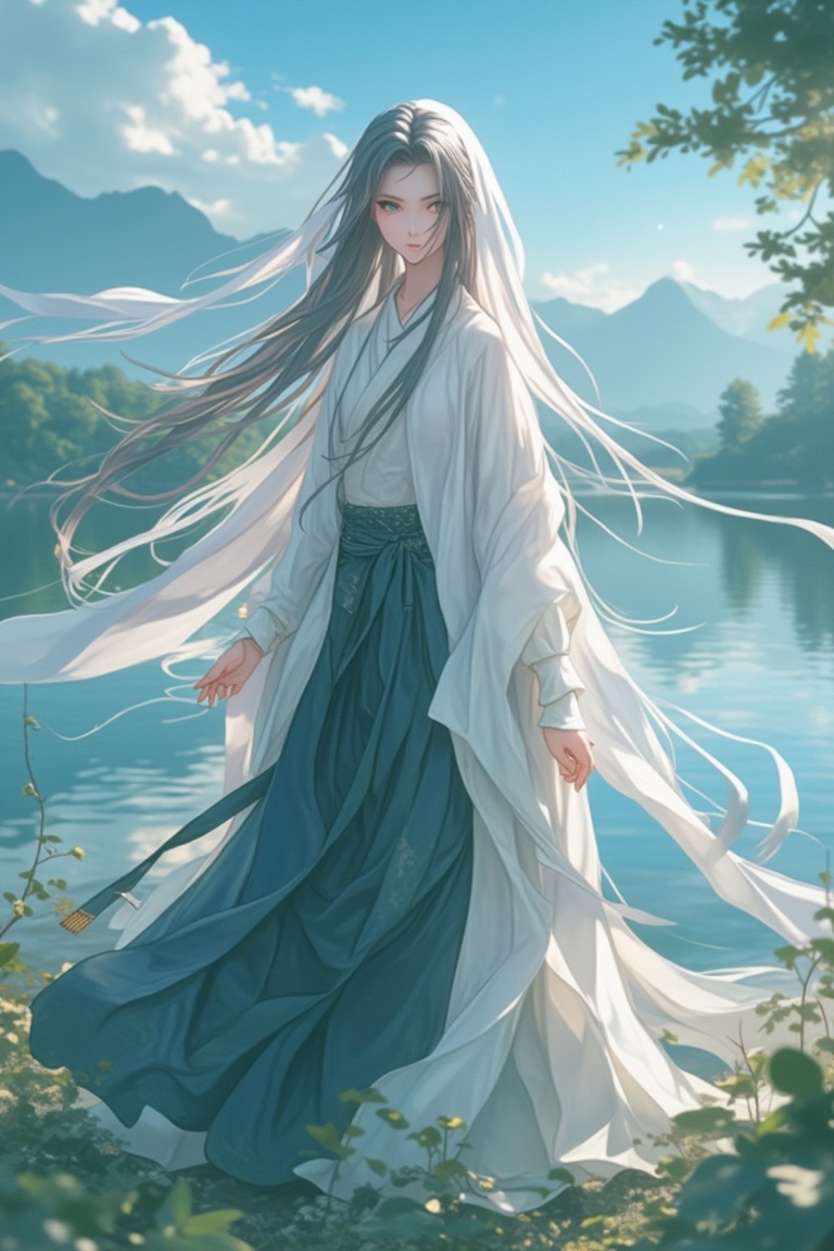 A manga-style anime scene featuring a hanfu-clad warrior girl standing by a serene lake with a strong wind blowing. Her el...