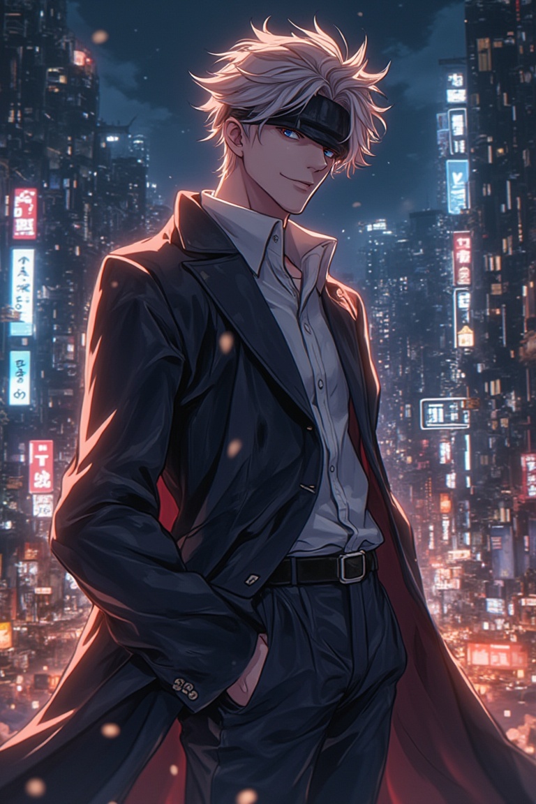A manga-style anime scene featuring Gojo Satoru from Jujutsu Kaisen,  standing confidently in a dynamic pose. The backgrou...