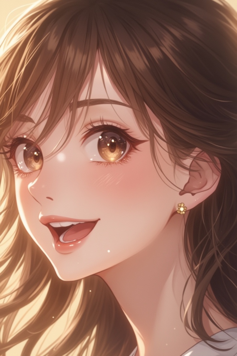 A manga-style anime portrait of a close-up face of a cute girl with glossy lips and brown hair blowing in the wind. Her ex...