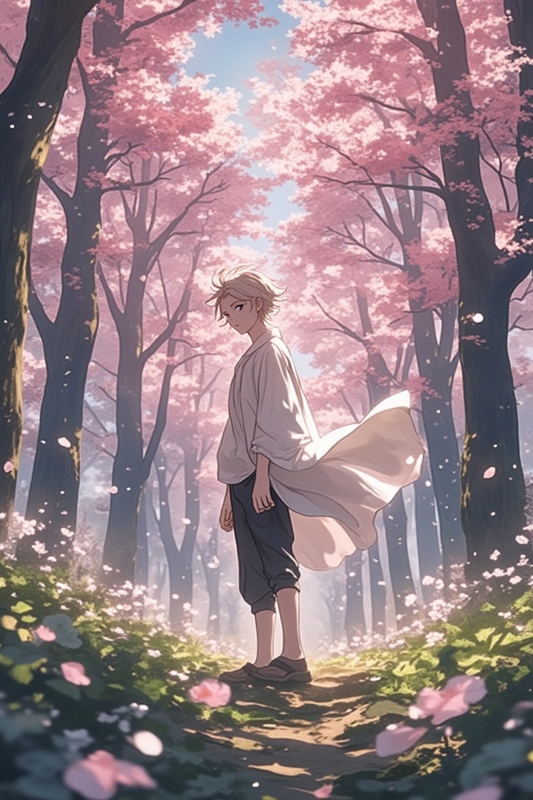 A manga-style anime scene featuring a young boy standing in a forest with a strong wind blowing,  cherry blossoms (sakura)...