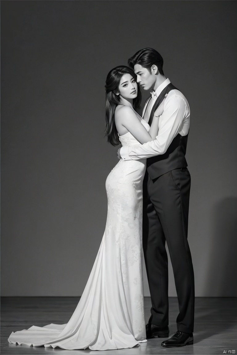 👫,a Handsome man and a sexy woman hugging together,standing,asian,exquisite facial features,formal,full body,Dynamic pose,romantic realism, atmospheric, award winning artwork,ink wash painting background, magnificent, masterpiece, realistic, best quality, highly detailed,profession, creative, glowing, dynamic,jzns,plns