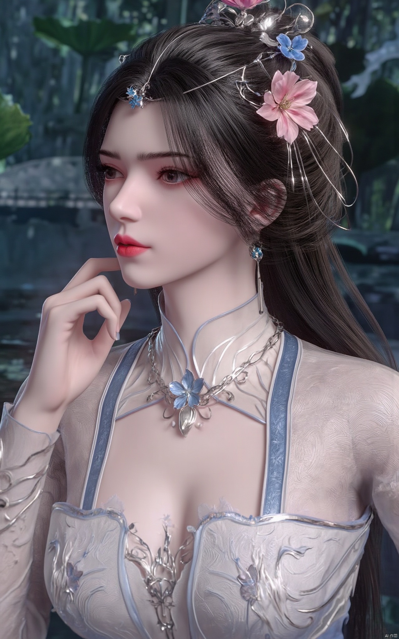 Masterpiece, the best quality, high quality,1girl,(huge breasts:1.59),(pink lotus flowers:1.39),Xxiaoyixian,Xyafei,XMGqipao,Xxueshifu,XyunxiPVC,Xdunhuangfeitian,Xlimuwan,Xhaiqinyan