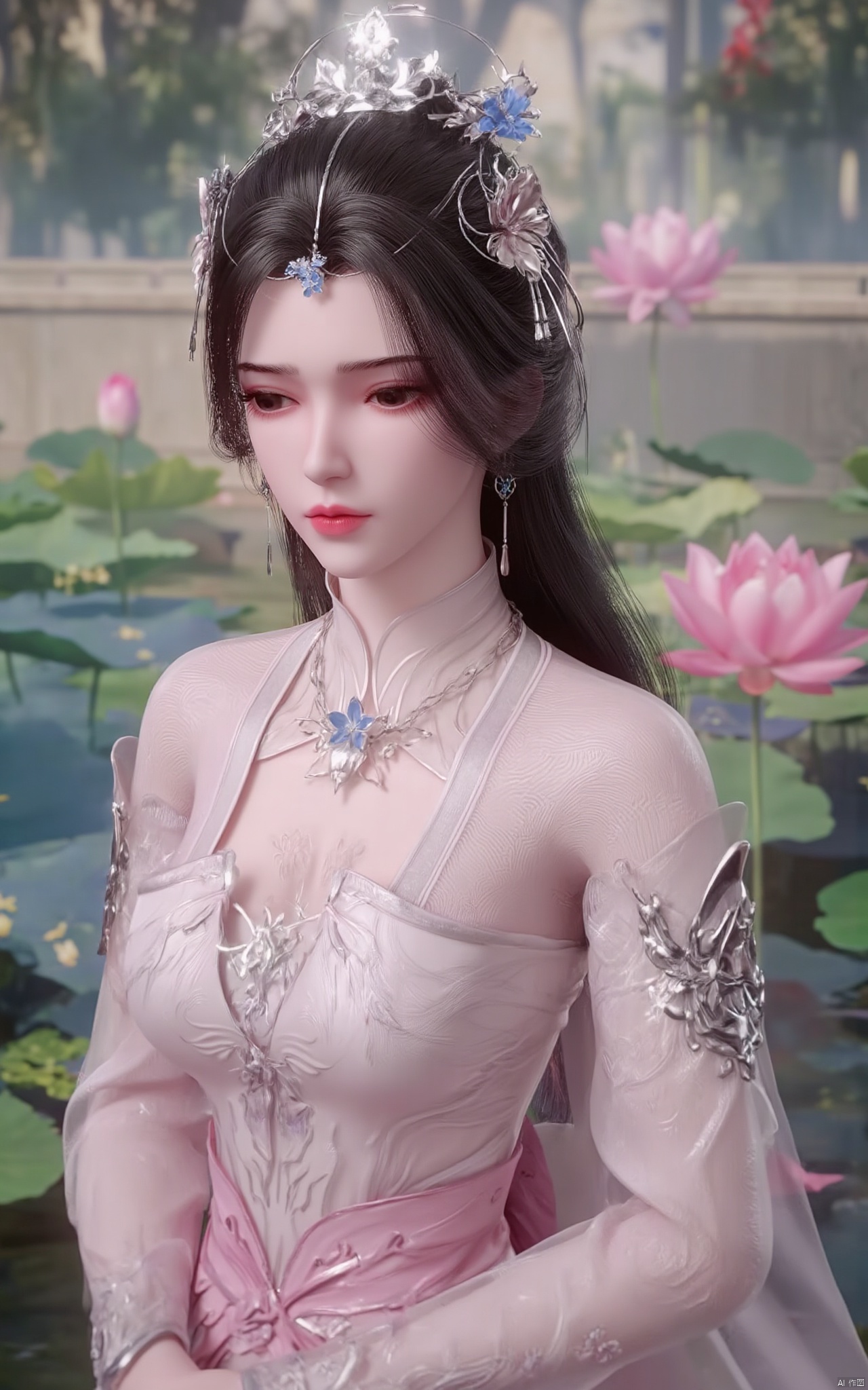 Masterpiece, the best quality, high quality,1girl,(huge breasts:1.59),(pink lotus flowers:1.39),Xxiaoyixian,Xyafei,XMGqipao,Xxueshifu,XyunxiPVC,Xdunhuangfeitian,Xlimuwan,Xhaiqinyan