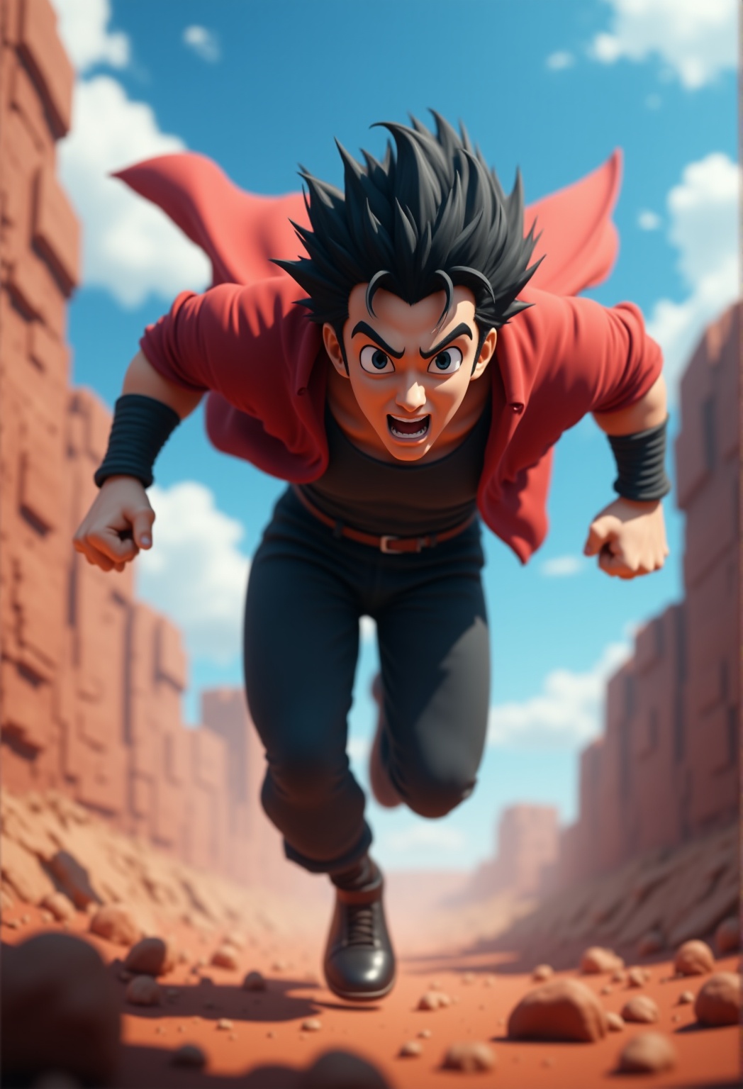 A high-energy 3D anime male character sprinting forward in a battle arena,  captured from a low-angle front view. His inte...