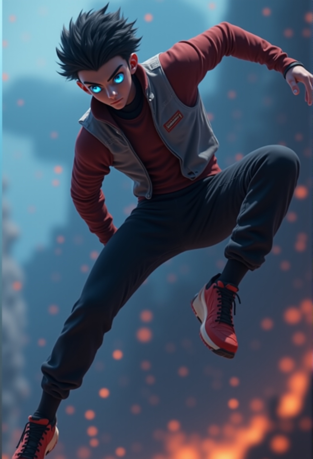 A stylized 3D anime male character with glowing blue eyes,  performing a mid-air backflip. The camera captures him from a...