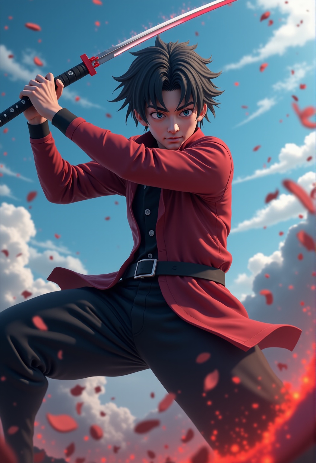 A 3D anime male swordsman in mid-swing,  slashing through a foe. The camera is placed low and to the side,  showing the ar...